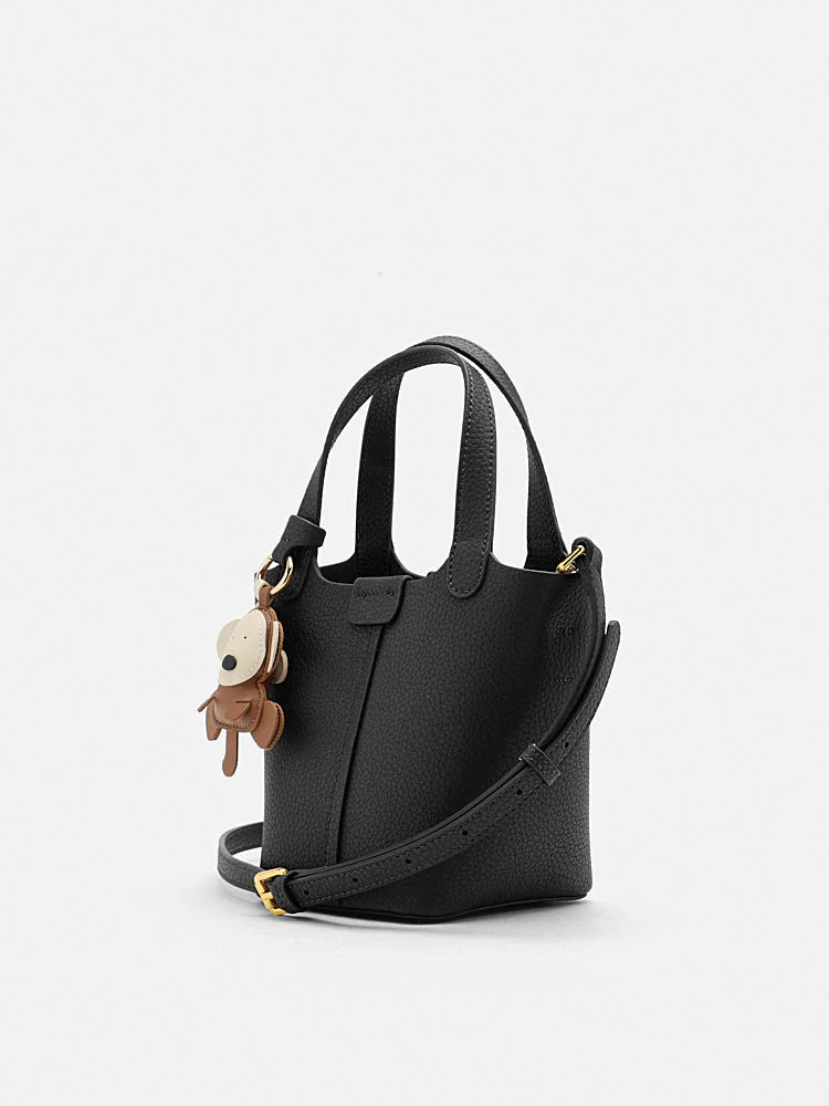 PAZZION, Haley Leather Charmed Bucket Bag, Black