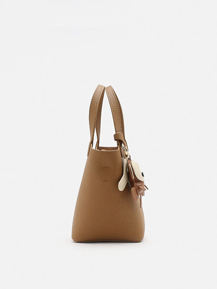 PAZZION, Haley Leather Charmed Bucket Bag, Brown