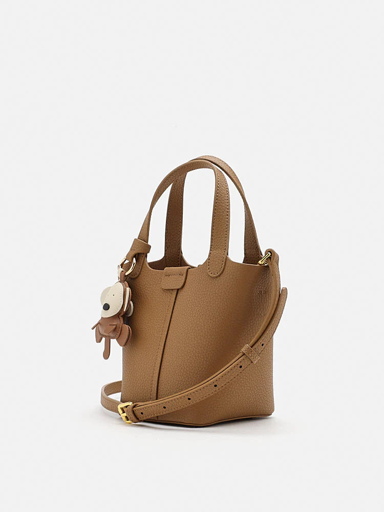 PAZZION, Haley Leather Charmed Bucket Bag, Brown