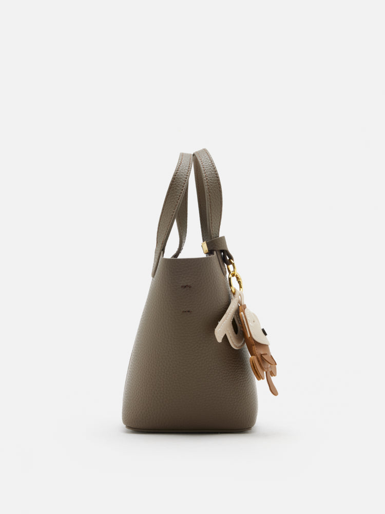 PAZZION, Haley Leather Charmed Bucket Bag, Grey