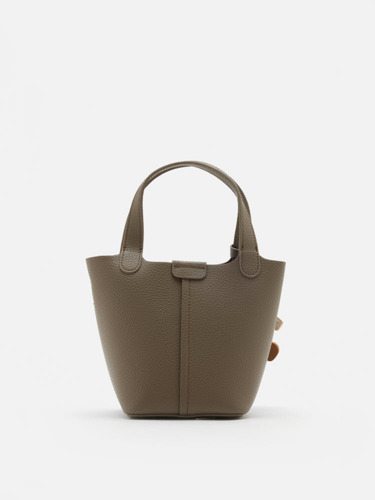 PAZZION, Haley Leather Charmed Bucket Bag, Grey