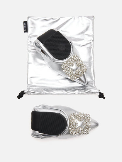 PAZZION, Harivelle Pearl Embellished Leather Foldable Flats, Silver