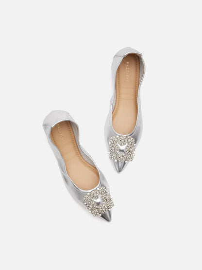 PAZZION, Harivelle Pearl Embellished Leather Foldable Flats, Silver