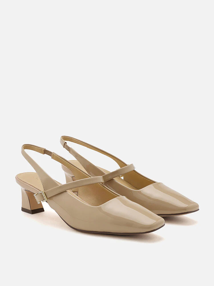 PAZZION, Hattie Patent Square Toe Slingback Kitten Heels, Almond