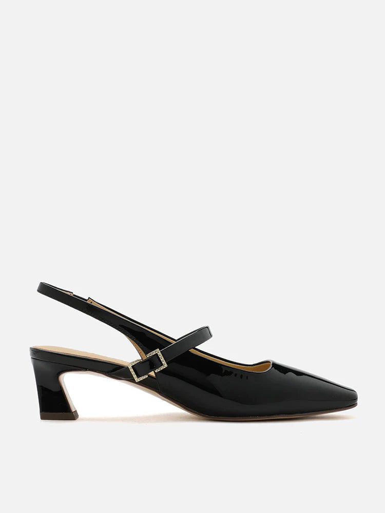 PAZZION, Hattie Patent Square Toe Slingback Kitten Heels, Black