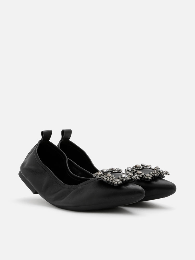 PAZZION, Helene Crystal Buckle Foldable Flats, Black