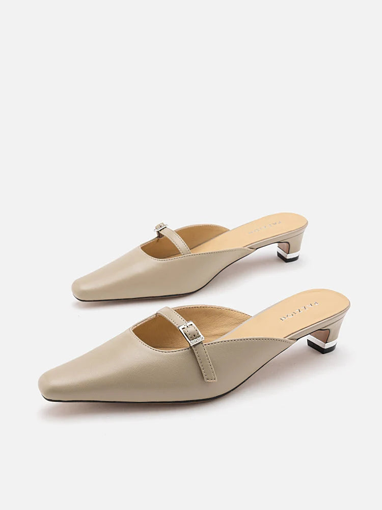 PAZZION, Hera Buckle Strap Heel Mules, Khaki