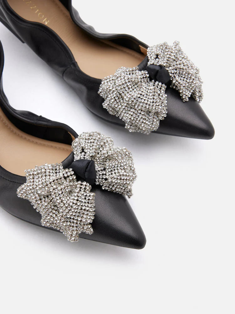 PAZZION, Inez Crystal Embellished Bow Foldable Flats, Black