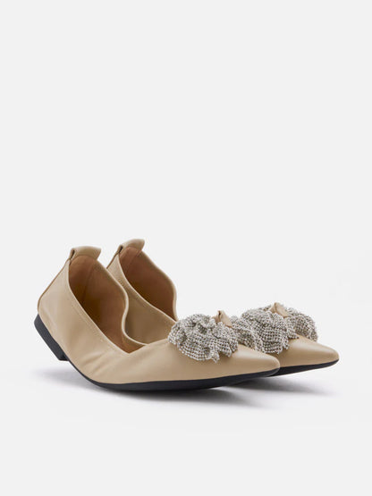 PAZZION, Inez Crystal Embellished Bow Foldable Flats, Khaki