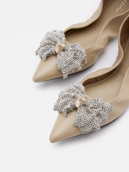 PAZZION, Inez Crystal Embellished Bow Foldable Flats, Khaki