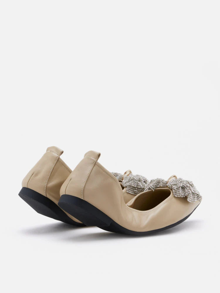 PAZZION, Inez Crystal Embellished Bow Foldable Flats, Khaki