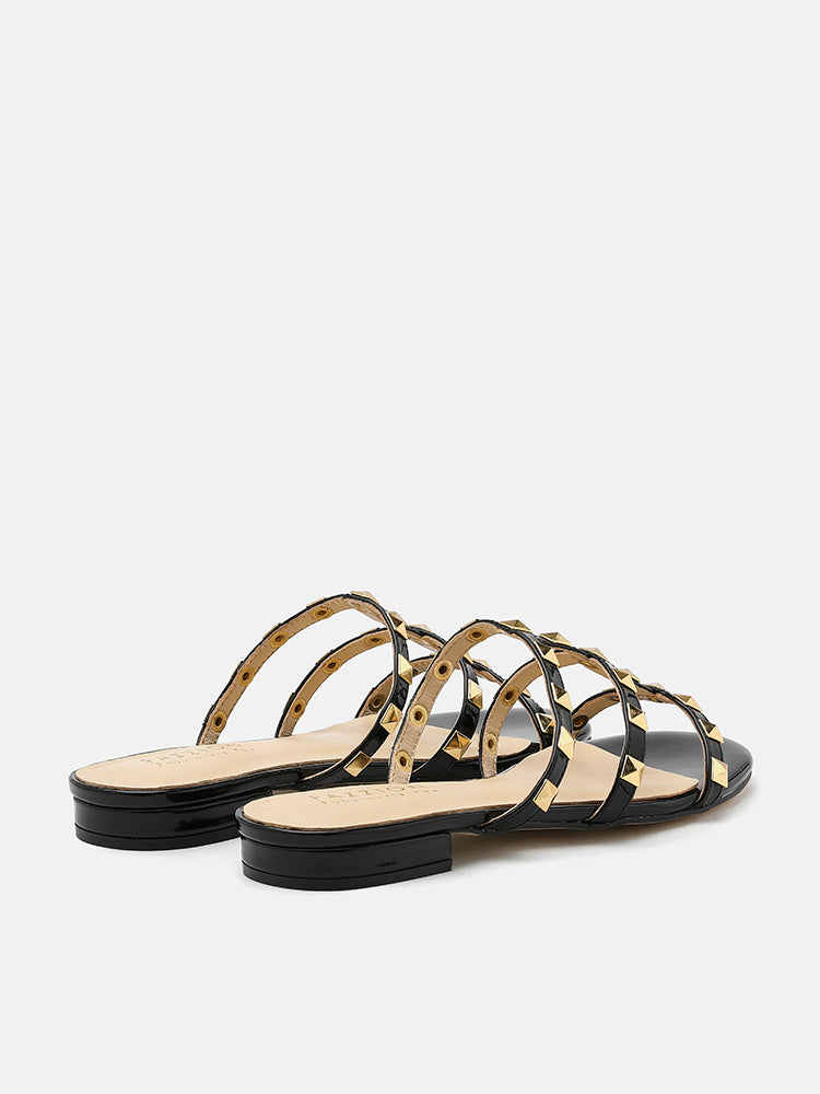 PAZZION, Ingrid Gold Studded Cage Patent Leather Slides, Black