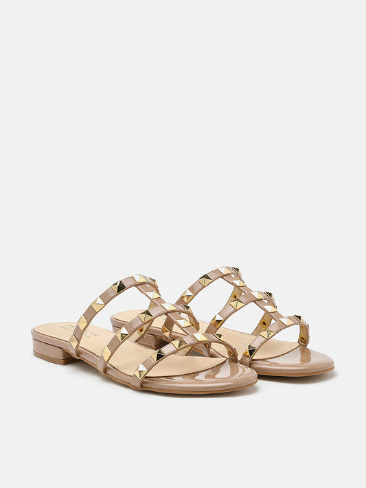 PAZZION, Ingrid Gold Studded Cage Patent Leather Slides, Gold