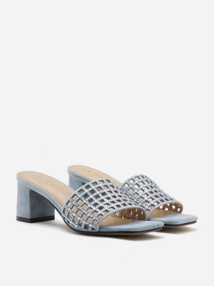 PAZZION, Iris Crystal Embellished Perforated Mule Heels, Lightblue