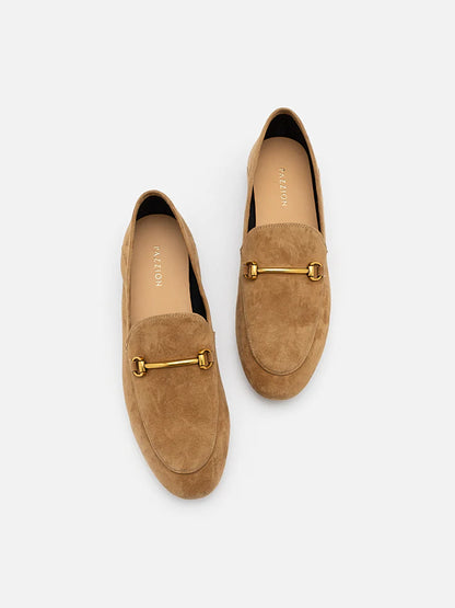 PAZZION, Isabeau.S Metal Buckle Leather Loafers, Almond