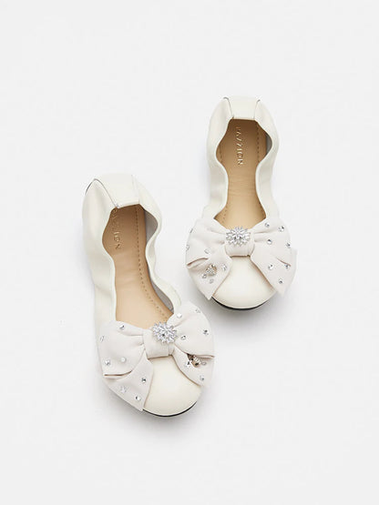 PAZZION, Ivy Crystal Embellished Bow Foldable Flats, Beige