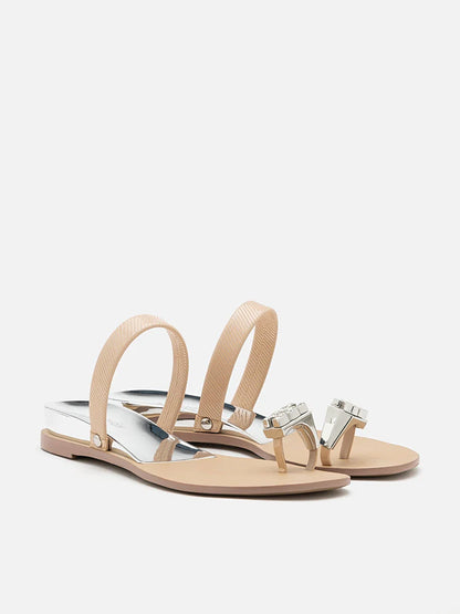 PAZZION, Jamila Silver Toe-Ring Slide Sandals, Almond