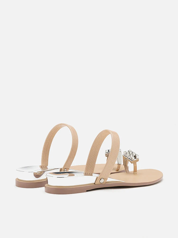 PAZZION, Jamila Silver Toe-Ring Slide Sandals, Almond