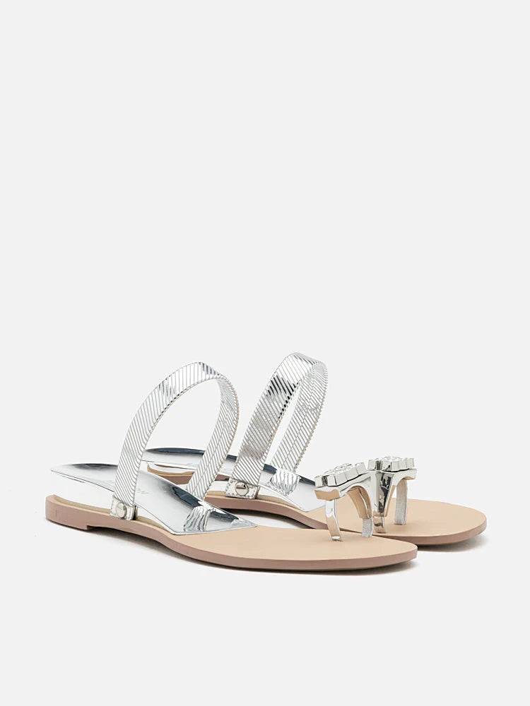 PAZZION, Jamila Silver Toe-Ring Slide Sandals, Silver