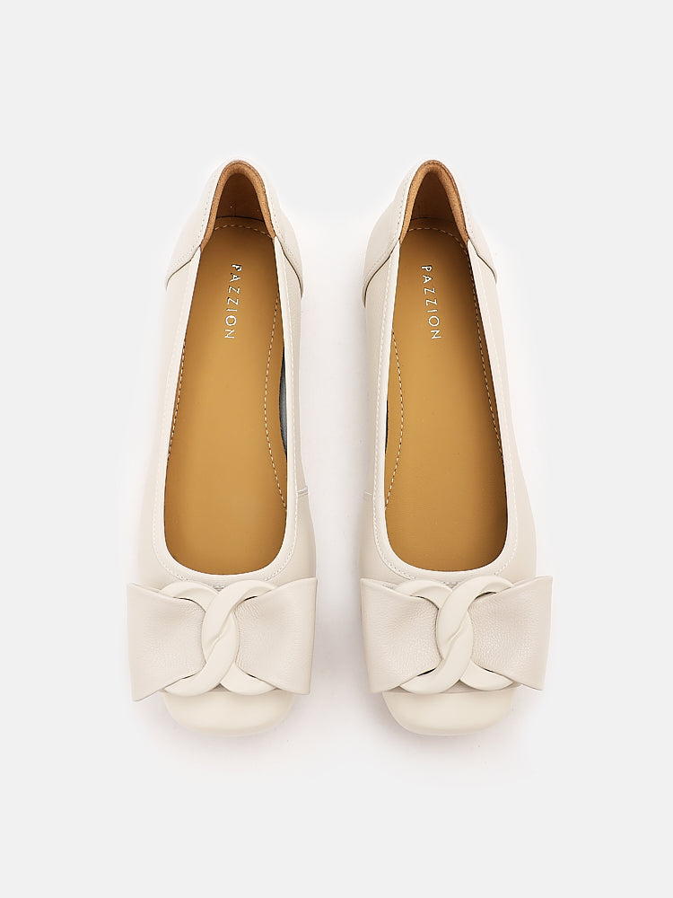 PAZZION, Jan Buckle Bow Square-Toe Flats, Beige