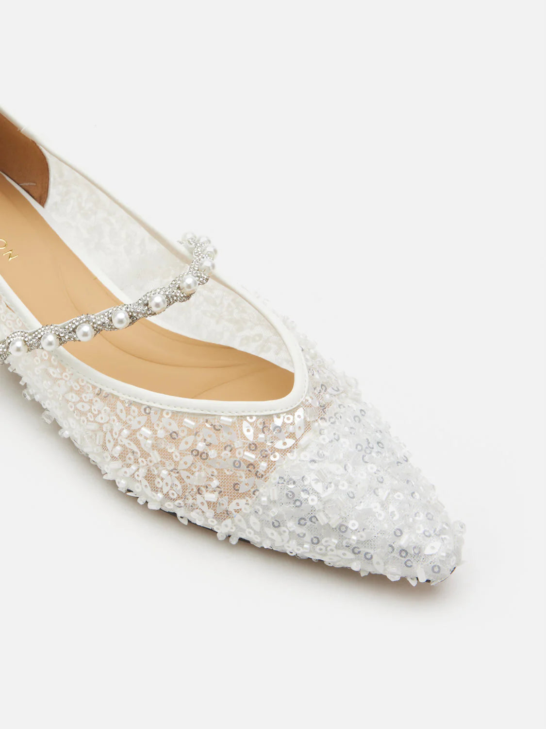 PAZZION, Jemima Embellished Mesh Pointed Toe Flats, White