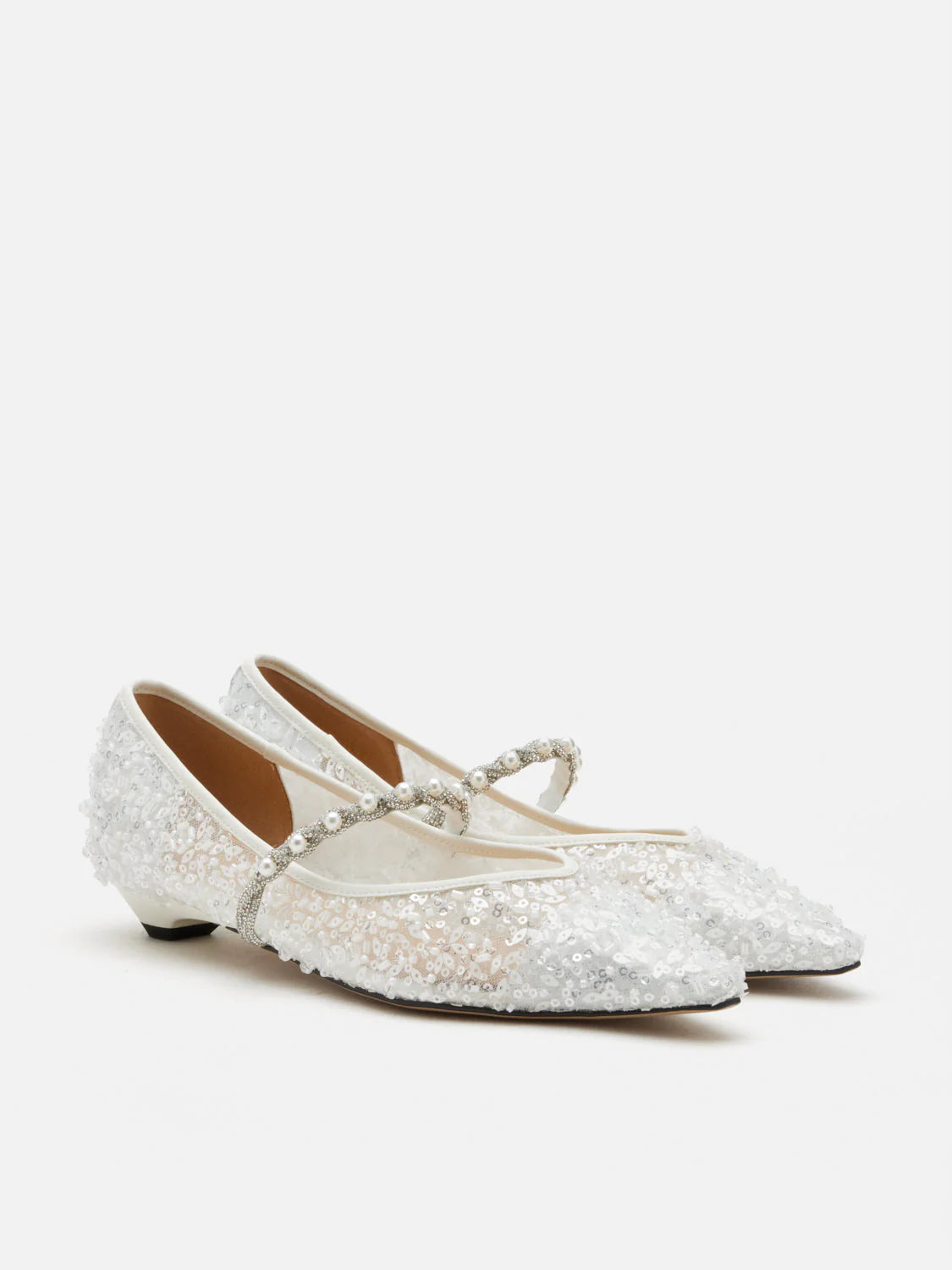 PAZZION, Jemima Embellished Mesh Pointed Toe Flats, White