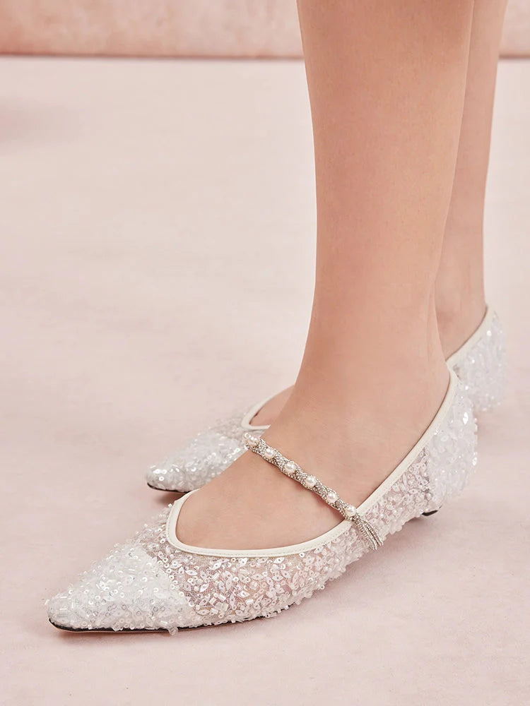 PAZZION, Jemima Embellished Mesh Pointed Toe Flats, White