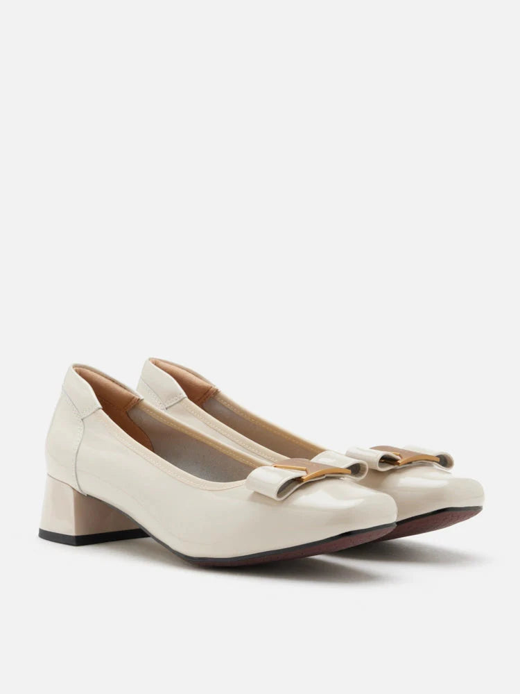 PAZZION, Jenn Metallic Bow Low Block Heels, Beige