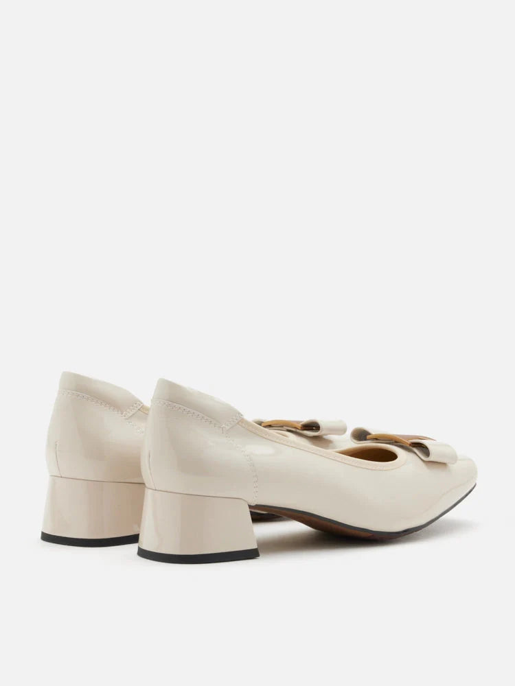 PAZZION, Jenn Metallic Bow Low Block Heels, Beige