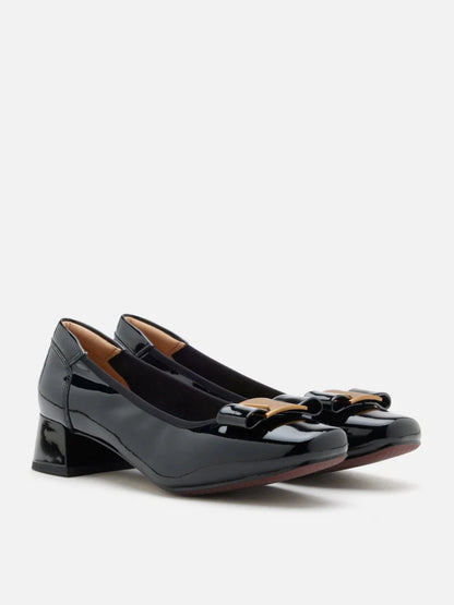 PAZZION, Jenn Metallic Bow Low Block Heels, Black