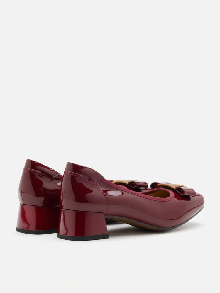 PAZZION, Jenn Metallic Bow Low Block Heels, Wine