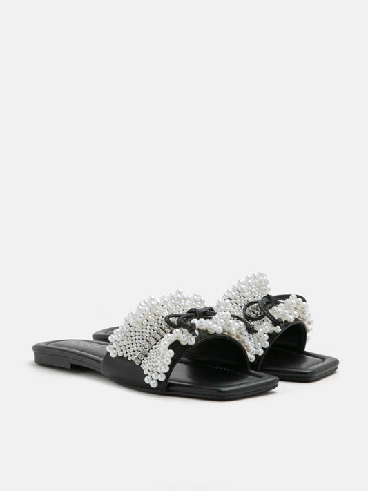 PAZZION, Junia Pearl Ruched Bow Slides, Black