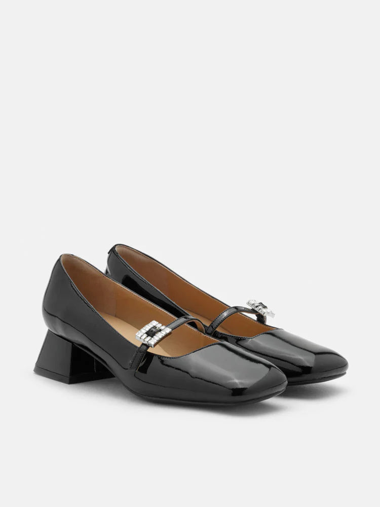 PAZZION, Kamielle Embellished Buckle Mary Jane Heels, Black