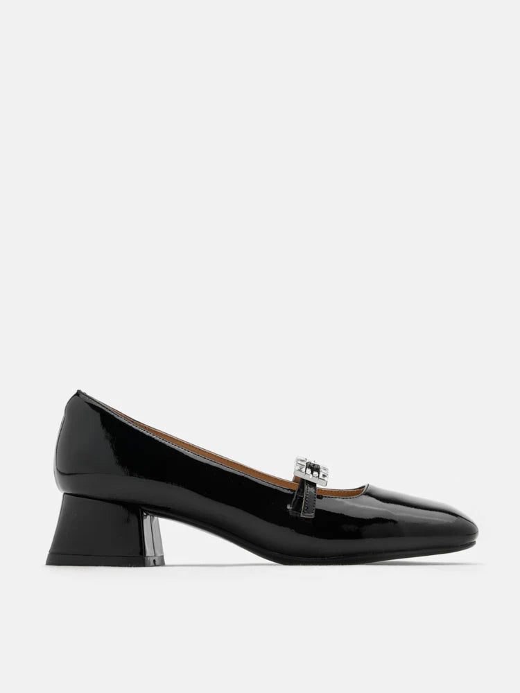PAZZION, Kamielle Embellished Buckle Mary Jane Heels, Black