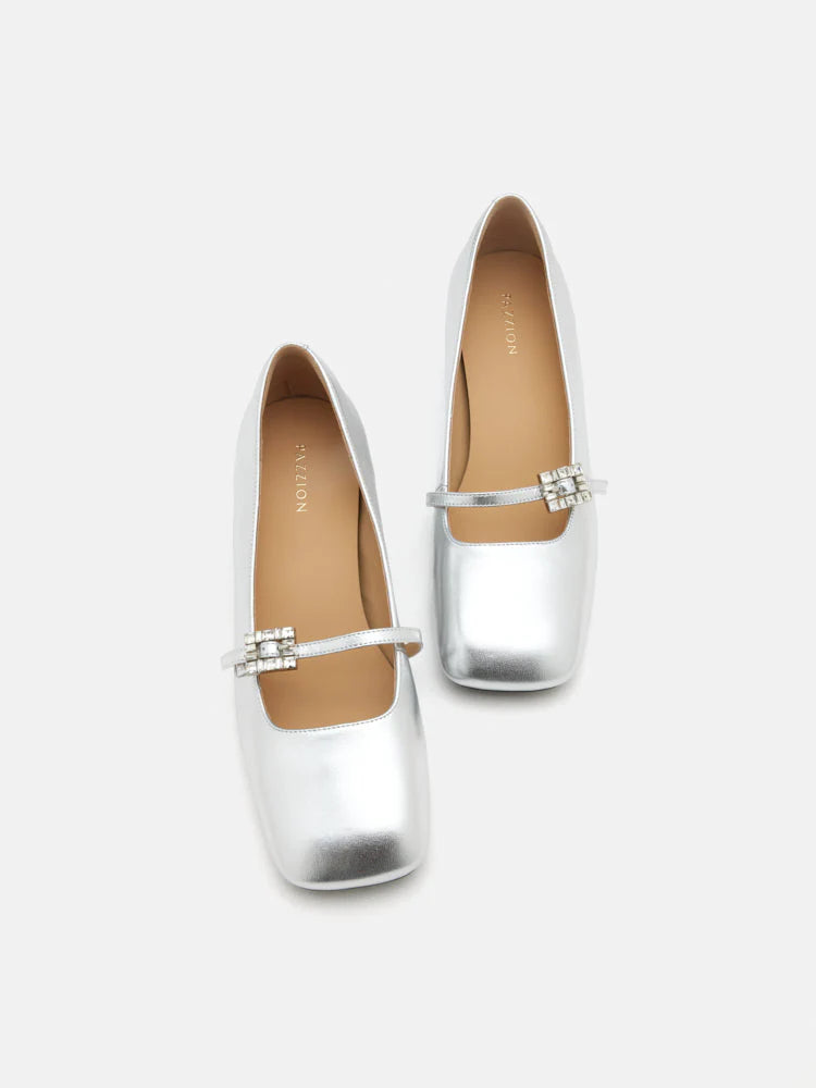 PAZZION, Kamielle Embellished Buckle Mary Jane Heels, Silver
