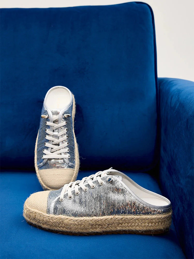 PAZZION, Kamryn Sequin Espadrille Mule Sneakers, Silver