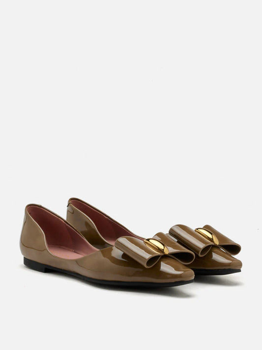 PAZZION, Kara Gold Accented Sculpted Bow Patent Flats, Khaki
