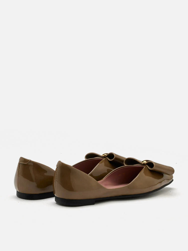 PAZZION, Kara Gold Accented Sculpted Bow Patent Flats, Khaki