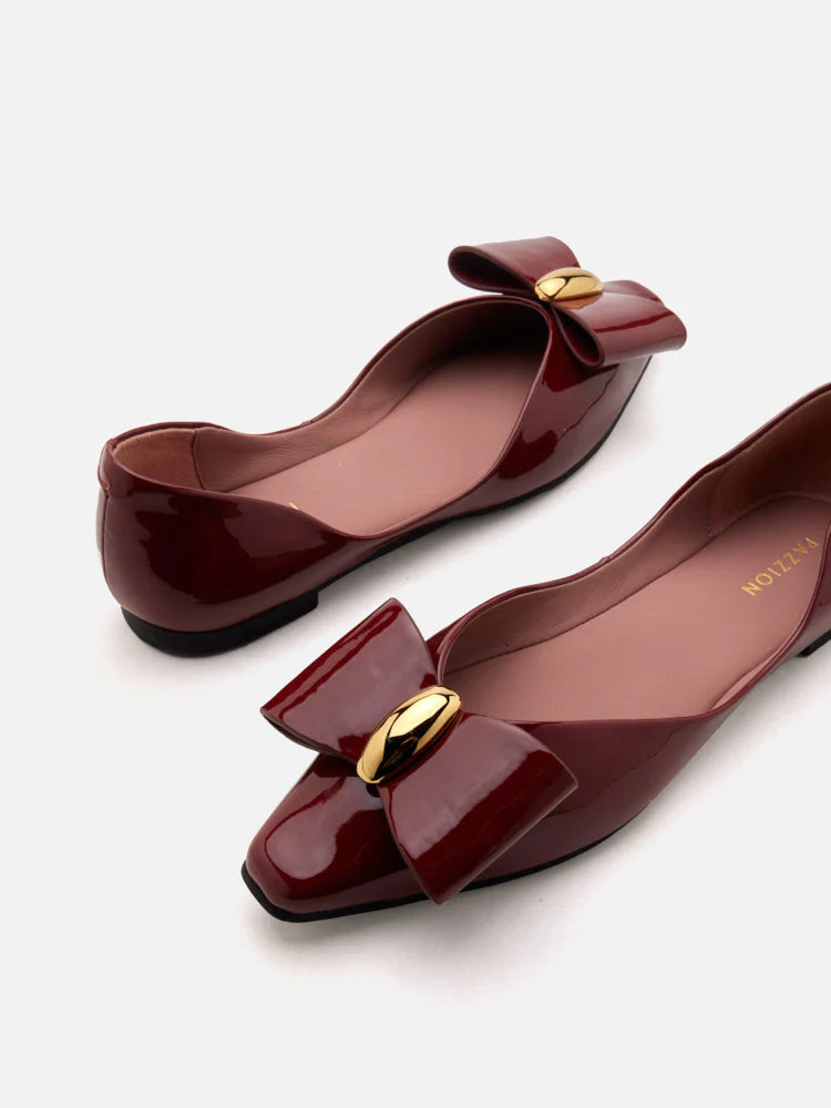 PAZZION, Kara Gold Accented Sculpted Bow Patent Flats, Wine