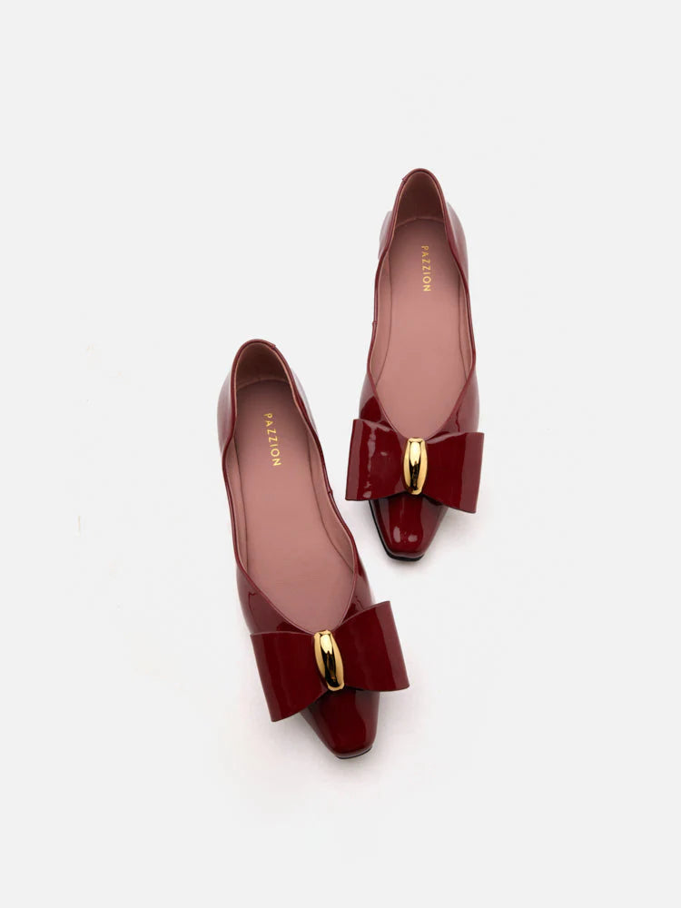 PAZZION, Kara Gold Accented Sculpted Bow Patent Flats, Wine