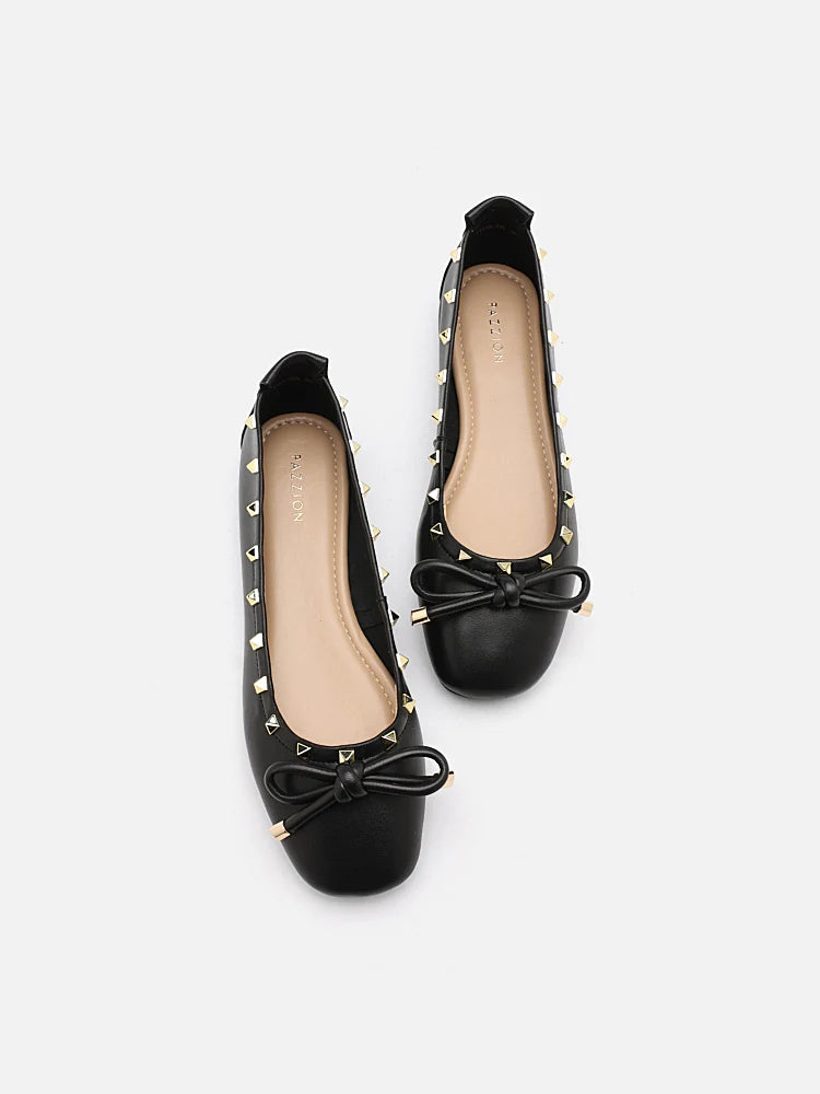 PAZZION,Karina Studded Bow Ballet Flats,Black