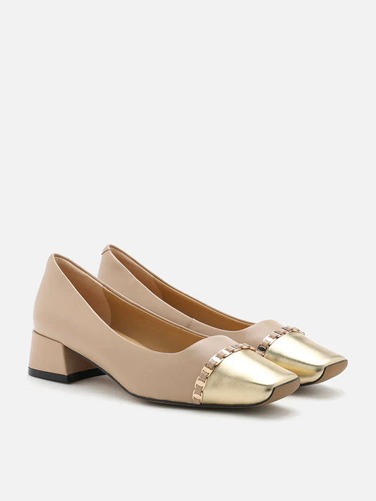 PAZZION, Kasey Chained Toe Cap Block Heels, Almond