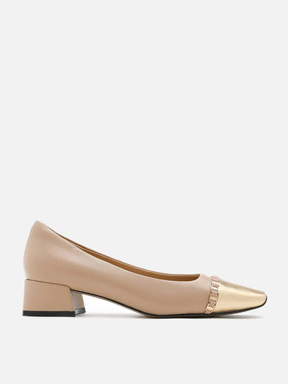 PAZZION, Kasey Chained Toe Cap Block Heels, Almond