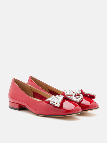 PAZZION, Katy Diamante Embellished Bow Patent Leather Flats, Red