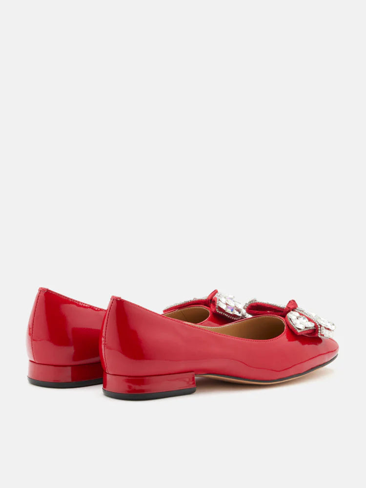 PAZZION, Katy Diamante Embellished Bow Patent Leather Flats, Red