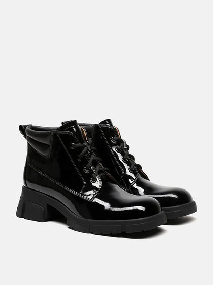 PAZZION, Kenzie Patent Lace Up Ankle Boots, Black