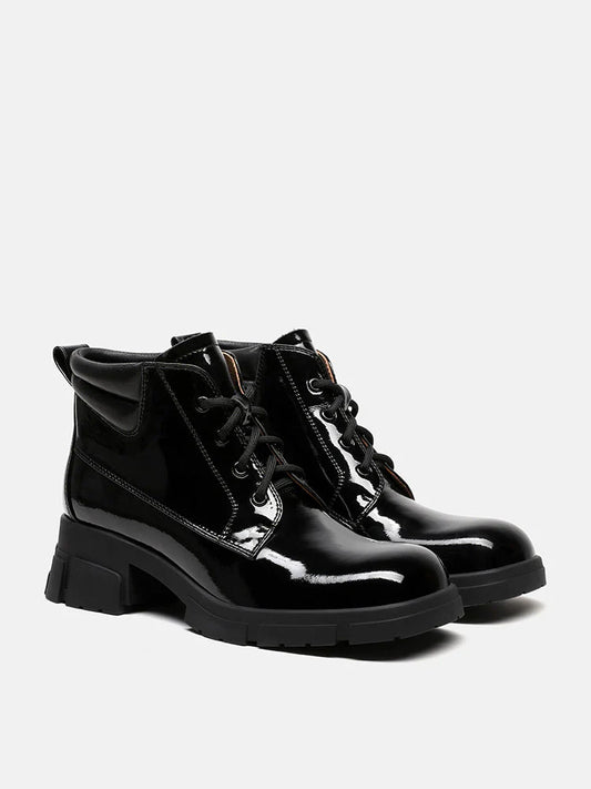 PAZZION, Kenzie Patent Lace Up Ankle Boots, Black