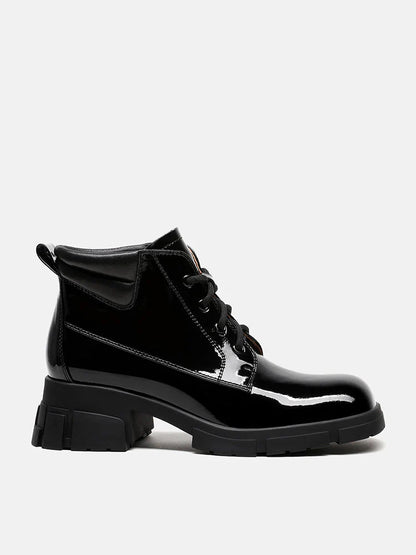 PAZZION, Kenzie Patent Lace Up Ankle Boots, Black