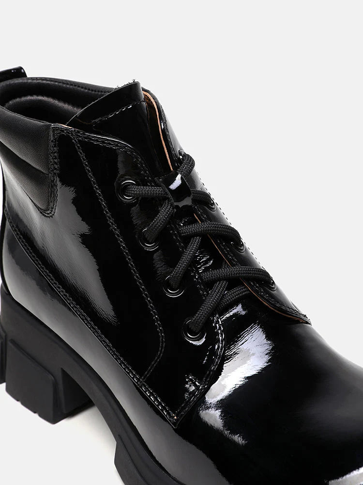 PAZZION, Kenzie Patent Lace Up Ankle Boots, Black