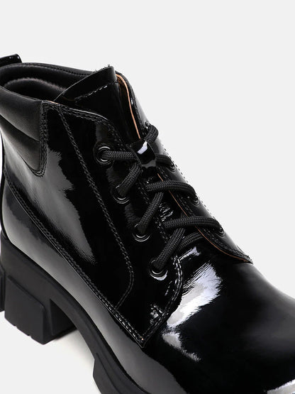 PAZZION, Kenzie Patent Lace Up Ankle Boots, Black